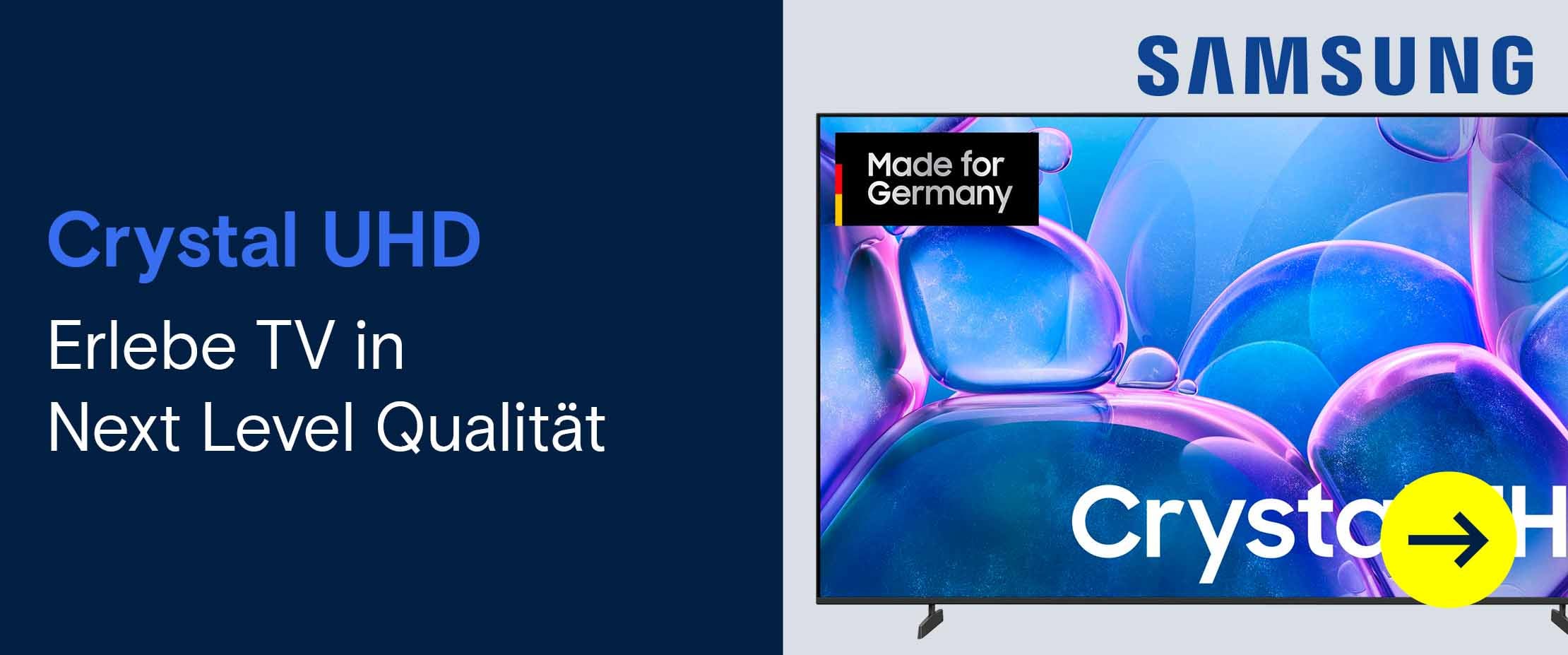 Samsung Crystal UHD Fernseher mit blau-violettem Bildschirmmotiv und dem Text „Erlebe TV in Next Level Qualität“.
