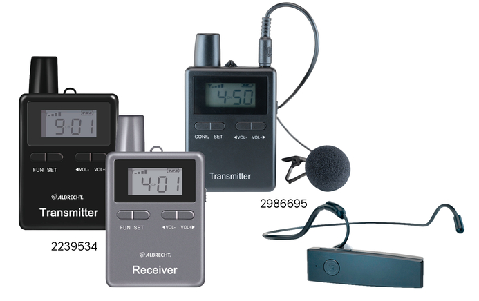 Albrecht Tour Guide System mit Transmitter, Receiver und Headset für klare Kommunikation.