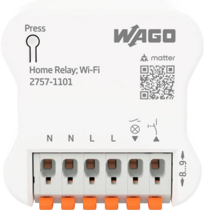 Ein kompaktes weißes WAGO Home Relay Unterputz-Modul mit orangefarbenen Hebelklemmen und Matter-Unterstützung.