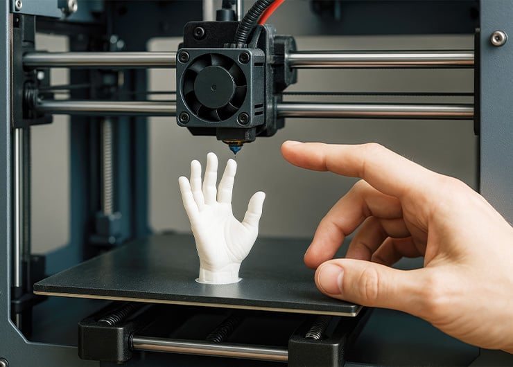 Ein 3D-Drucker druckt eine kleine weiße Hand, während eine Person mit dem Finger darauf zeigt.