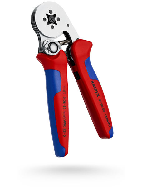 Een foto van een zelfinstellende krimptang, waarbij het gebruiksgemak en de mogelijkheid om betrouwbare, consistente krimpverbindingen op verschillende aansluitingen te produceren zonder handmatige aanpassing worden benadrukt.