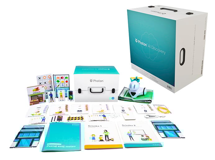 Das Photon AI Discovery Lernroboter-Set für Kinder, mit Roboter, Anleitungen und Spielmatten zur Programmierung.
