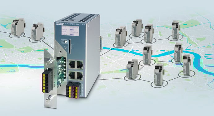 Een gedetailleerde afbeelding van het Phoenix Contact Ethernet Extender System, dat een oplossing laat zien waarmee u Ethernet-netwerken snel en eenvoudig over grote afstanden kunt uitbreiden.