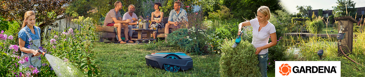 Gardena mindent biztosít a kertbe: öntözést, sövénynyírót, robotfűnyírót és pihentető pillanatokat a zöldben.