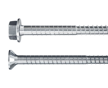 Zwei große silberne Holzschrauben mit einem großen Gewinde, eine mit einem Sechskant-Kopf und angepresster Unterlegscheibe, die andere mit einem konischen Senkkopf.