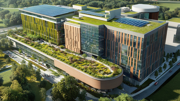 Gebäude mit begrünten Dächern und Solaranlagen für mehr Energieeffizienz