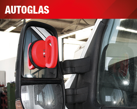 Anwendungsbeispiel eines roten KS Tools Saughebers zur sicheren Handhabung und Montage von Fahrzeugspiegeln oder Scheiben unter der Überschrift „Autoglas“.