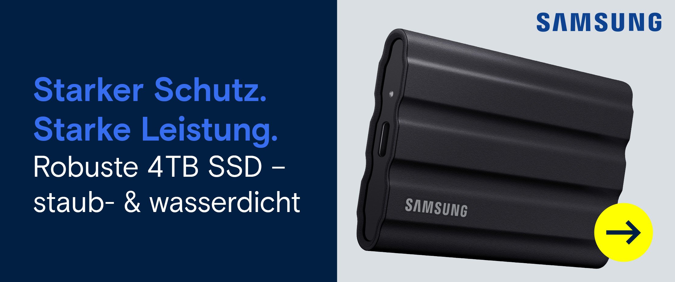 Schwarze externe Samsung SSD mit robustem Gehäuse, beworben als staub- und wasserdicht mit 4 TB Speiche