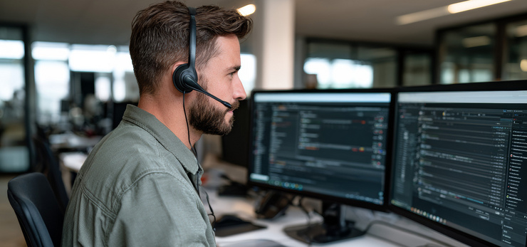 Mitarbeiter mit Headset arbeitet an zwei Monitoren in einem Büro