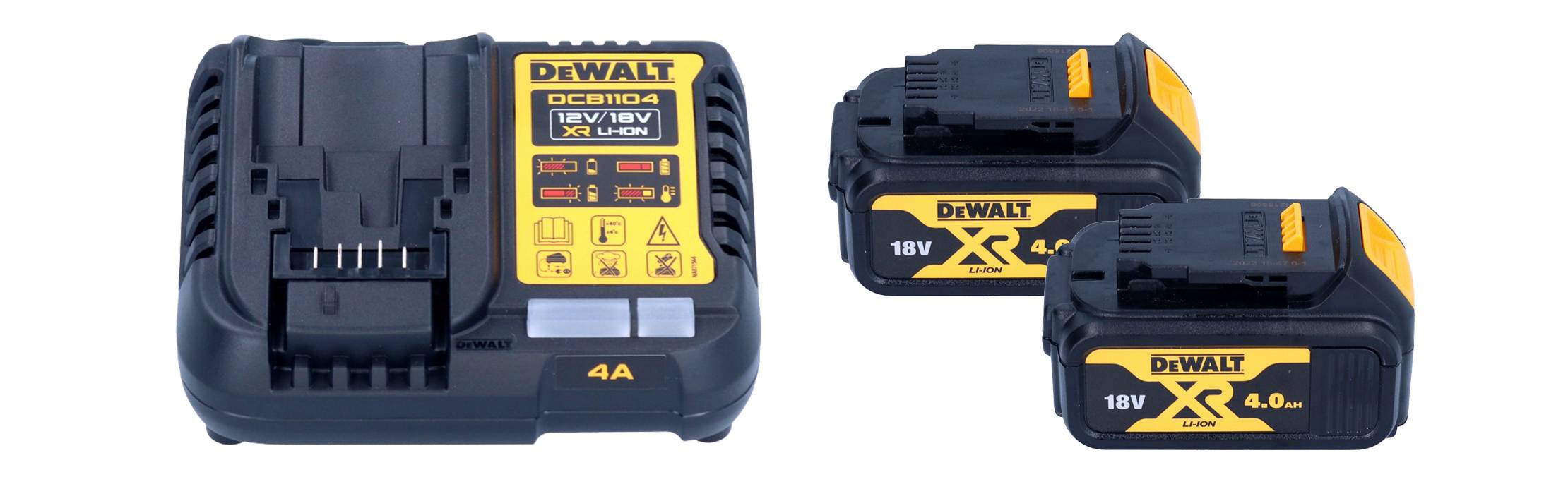 DeWalt Ladegerät mit zwei 18V XR 4 Ah Akkus in Schwarz-Gelb.