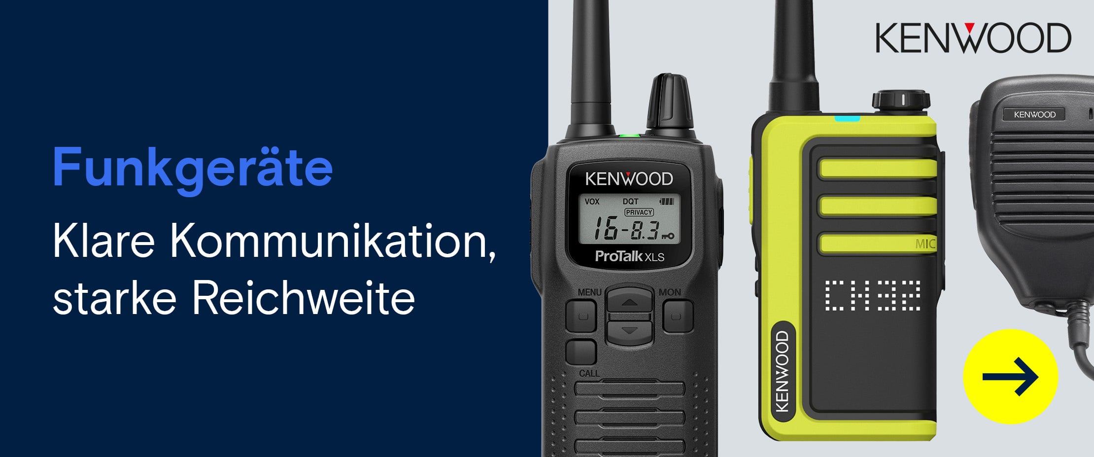 Drei Kenwood-Funkgeräte und ein Handmikrofon mit dem Hinweis „Klare Kommunikation, starke Reichweite“.