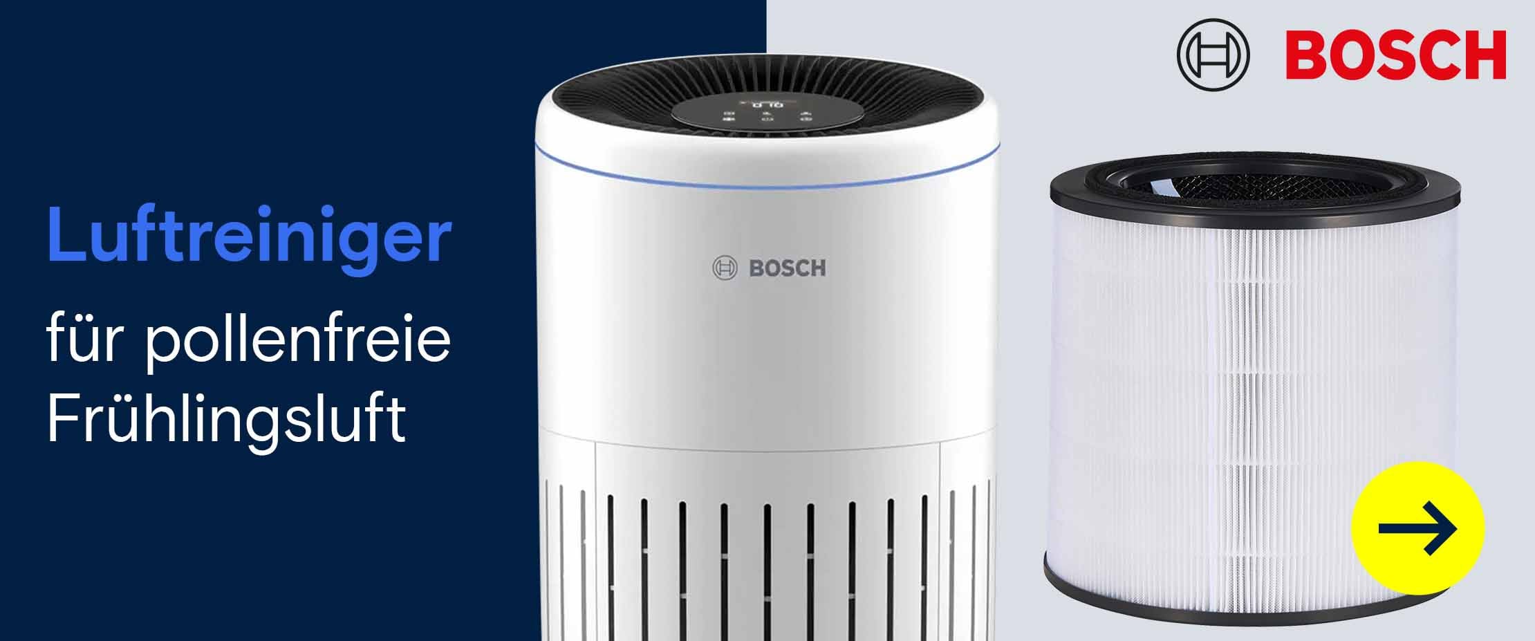 Banner mit Bosch Luftreiniger und Filtereinsatz sowie dem Text „Luftreiniger für pollenfreie Frühlingsluft“.