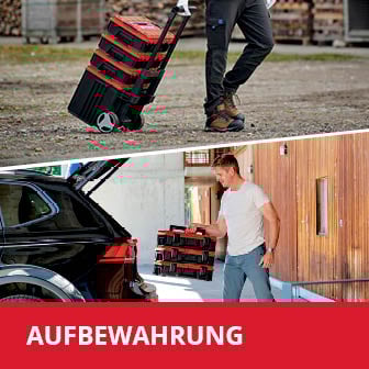 Das Bild ist in zwei Abschnitte unterteilt: Im oberen Teil ist eine Person, die über einen Hof geht und dabei einen großen rollbaren Einhell Werkzeugcontainer hinter sich herzieht , während im unteren Teil eine Person einen handlichen stapelberen Einhell Werkzeugcontainer in den Kofferraum eines Autos einlädt, mit dem roten Schriftzug "AUFBEWAHRUNG" am unteren Bildrand.