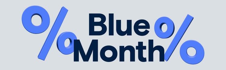 Grafik mit dem Schriftzug „Blue Month“ und grossen blauen Prozentzeichen als Hinweis auf Rabattaktionen.