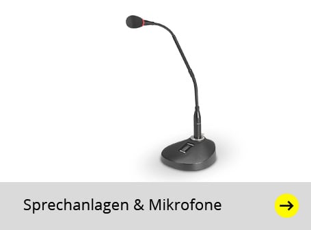Das Bild zeigt ein schwarzes Schwanenhalsmikrofon mit einem kleinen, runden Mikrofonkopf und einem ovalen Sockel vor einem weißen Hintergrund, unter dem sich ein grauer Balken mit der schwarzen Aufschrift "Sprechanlagen & Mikrofone" und einem gelben Pfeil nach rechts befindet.