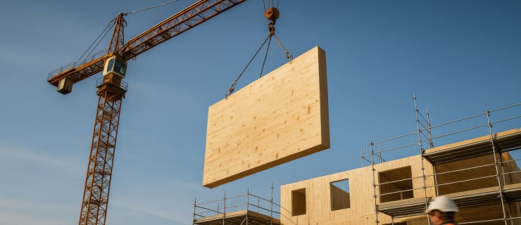 Kran hebt Holzplatte auf Baustelle – Hebetechnik