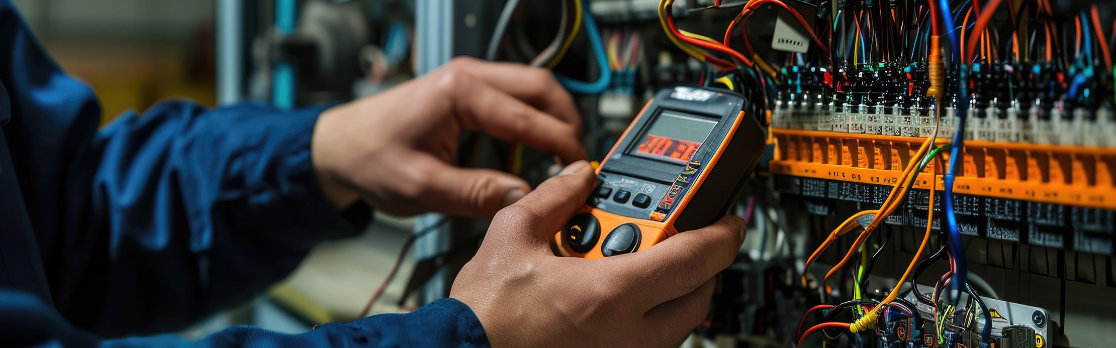 Hände einer Person messen elektrische Werte mit einem Multimeter im Schaltschrank.
