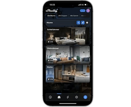 Das Bild zeigt die Benutzeroberfläche der Shelly Smart Control APP auf einem Handydisplay.