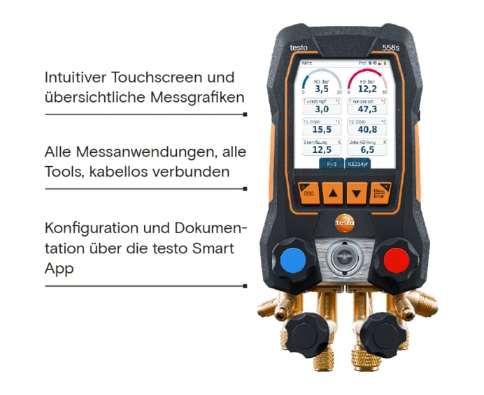 Das Bild zeigt das testo 558s - Smart Vakuum Set. Ein Text im Bild beschreibt die wesentlichen Produktvorteile: "Intuitiver Touchscreen und übersichtliche Messgrafiken", "Alle Messanwendungen, alle Tools, kabellos verbunden", "Konfiguration und Dokumentation über die testo Smart App"