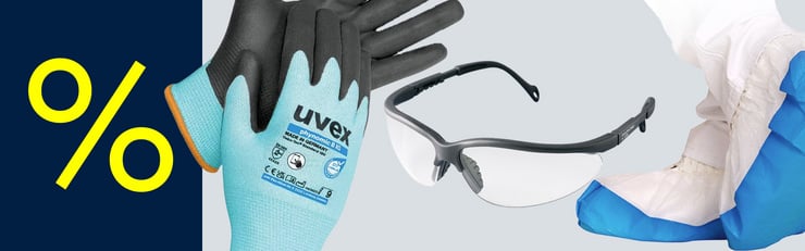 Werbebanner mit einem grossen Prozentzeichen und drei Produkten aus der Kategorie Arbeitsschutz