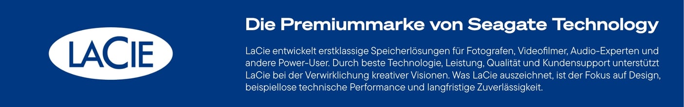  Ein horizontales dunkelblaues Banner zeigt links das weiße LaCie-Logo in einer ovalen Form und rechts den weißen Titel "Die Premiummarke von Seagate Technology" mit einem darunterstehenden weißen Text, der LaCie als Entwickler erstklassiger Speicherlösungen für Fotografen, Videofilmer, Audio-Experten und Power-User beschreibt, die durch Technologie, Leistung, Qualität und Kundensupport kreative Visionen unterstützen, mit Fokus auf Design, technische Performance und Zuverlässigkeit.