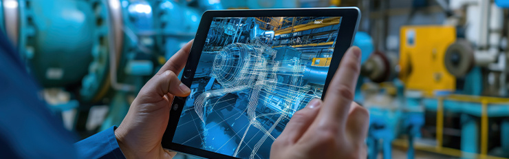 Ein Techniker prüft die Maschine mit einem Tablet wo alle Vernetzung ersichtlich sind.