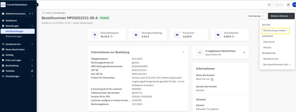 Rücksendung erstellen