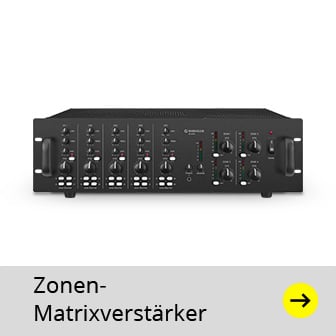 Das Bild zeigt einen schwarzen Monacor PA-12040 5-Zonen-Mischverstärker mit zahlreichen Reglern und Anzeigen vor einem weißen Hintergrund, unter dem sich ein grauer Balken mit der weißen Aufschrift "Zonen-Matrixverstärker" und einem gelben Pfeil nach rechts befindet.