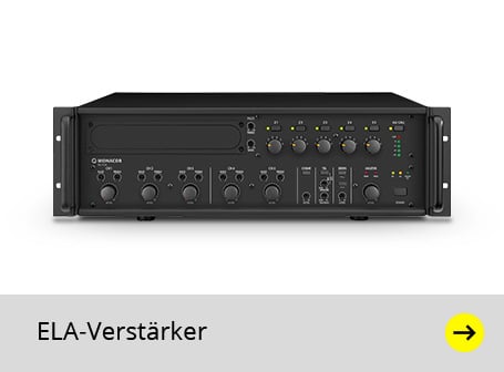 Das Bild zeigt einen schwarzen Monacor PA-1120 5-Zonen-Mono-Mischverstärker mit zahlreichen Drehknöpfen, Schaltern und LED-Anzeigen auf der Vorderseite vor einem weißen Hintergrund, unter dem sich ein grauer Balken mit der schwarzen Aufschrift "ELA-Verstärker" und einem gelben Pfeil nach rechts befindet.