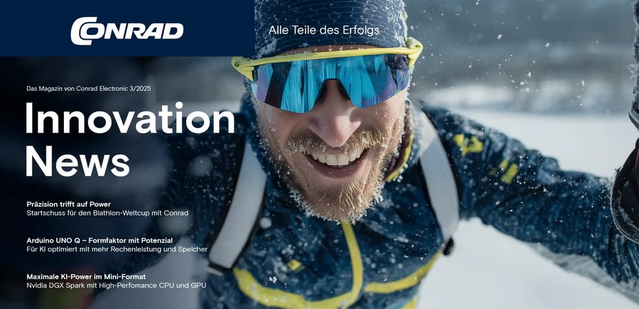 Das Bild zeigt das Titelblatt eines Magazins von Conrad Electronic mit dem Titel "Innovation News 01/2026". Es thematisiert aktuelle Nachhaltigkeitsinitiativen von Conrad. Der Text deutet auf Themen wie stetiger Prozess des Noch-Besser-Werdens und auf weitere aktuelle Business-Themen hin. Bei Klick auf das Bild öffnet sich die Ausgabe der Innovation News 3/2025 im Browser.
