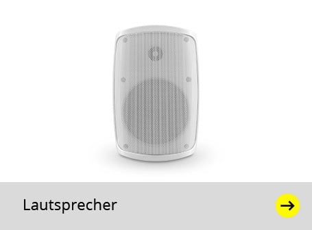 Das Bild zeigt einen rechteckigen, weißen Monacor ESP-70/WS ELA-Wandlautsprecher mit abgerundeten Ecken und einem feinen, grauen Gitter auf der Vorderseite vor einem weißen Hintergrund, unter dem sich ein grauer Balken mit der schwarzen Aufschrift "Lautsprecher" und einem gelben Pfeil nach rechts befindet.