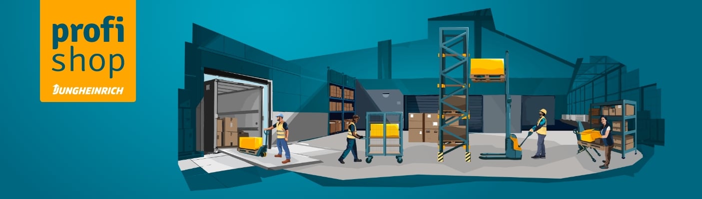 Eine illustrative Darstellung eines Logistikzentrums mit Mitarbeitern, die verschiedene Transportgeräte wie Hubwagen und Gabelstapler bedienen, sowie dem gelben „profi shop JUNGHEINRICH“-Logo auf türkisfarbenem Hintergrund.
