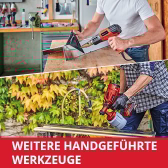 Das Bild ist in zwei Abschnitte unterteilt: Im oberen Teil entfernt eine Person eine Folie an einem Metallblech mit einem Heißluftgebläse, während im unteren Teil ein Brett grundiert wird, daß eine Person mit einer Akku-Spritzpistole bearbeitet, mit dem roten Schriftzug "WEITERE HANDGEFÜHRTE WERKZEUGE" am unteren Bildrand.