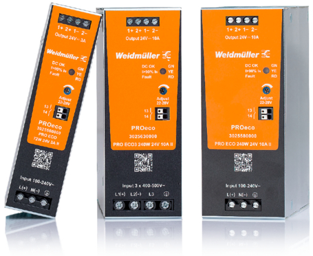 Drei orange-schwarze Weidmüller PROeco Netzgeräte für die Hutschienenmontage.