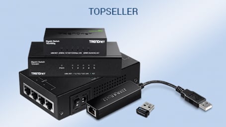 Ein Stapel TRENDnet Netzwerk-Switches und ein USB-Adapter werden mit dem Etikett „Bestseller“ präsentiert.