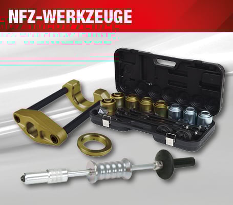 Auswahl an KS Tools NFZ-Werkzeugen für Nutzfahrzeuge, bestehend aus einem professionellen Gleithammer-Satz, massiven Abziehern und einem umfangreichen Hülsensatz im schwarzen Systemkoffer unter der Überschrift „NFZ-Werkzeuge“.