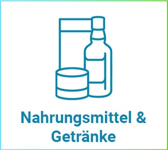 Bild einer Kachel mit dem Text "Food" und einer Fotografie von Reagenzgläsern mit farbigen Flüssigkeiten. Weiterleitung zu einer Produktseite über Ebrobranchenfoodcat