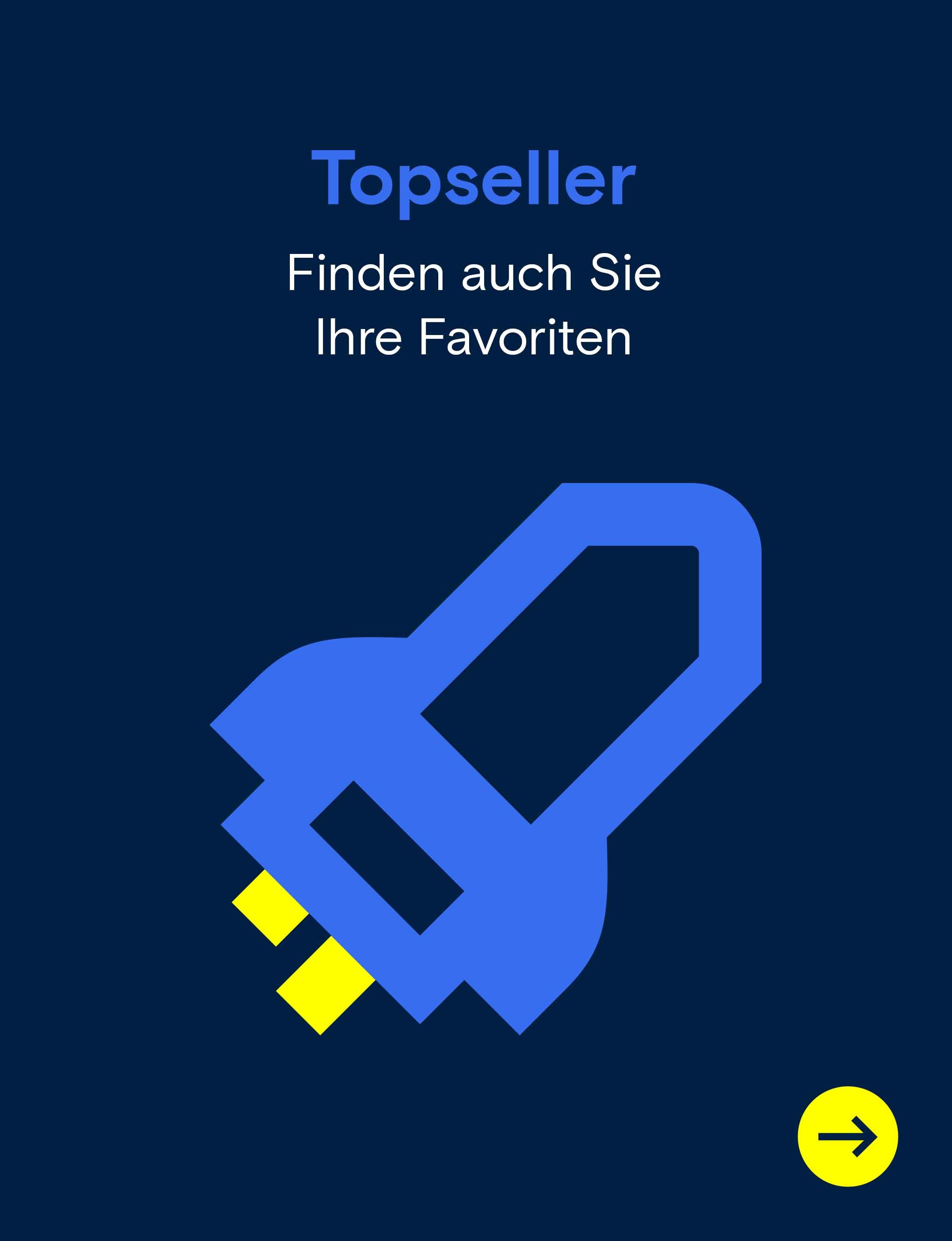 Werbebanner mit einer Rakete auf einem dunkelblauen Hintergrund mit dem Text „Topseller. Finden auch Sie Ihre Favoriten“.