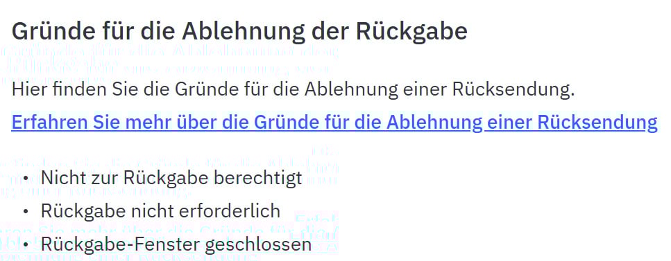 Gründe für die Ablehnung der Rückgabe Gründe für die Ablehnung der Rückgabe