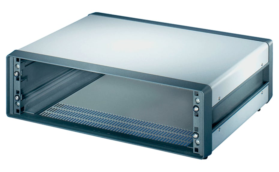 Schroff Comptec 19"-Gehäuse in Grau, robust, mit integrierten Lüftungsschlitzen für den Elektronik-Einbau.