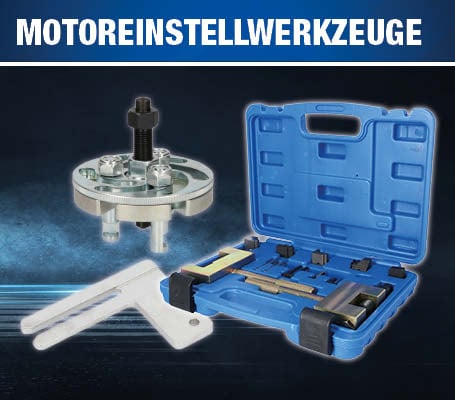 Eine Auswahl an Brilliant Tools Motoreinstellwerkzeugen, bestehend aus einem Arretierwerkzeug-Satz im blauen Systemkoffer, einem Universal-Abzieher und Einstelllehren, überschrieben mit dem Text „Motoreinstellwerkzeuge“.