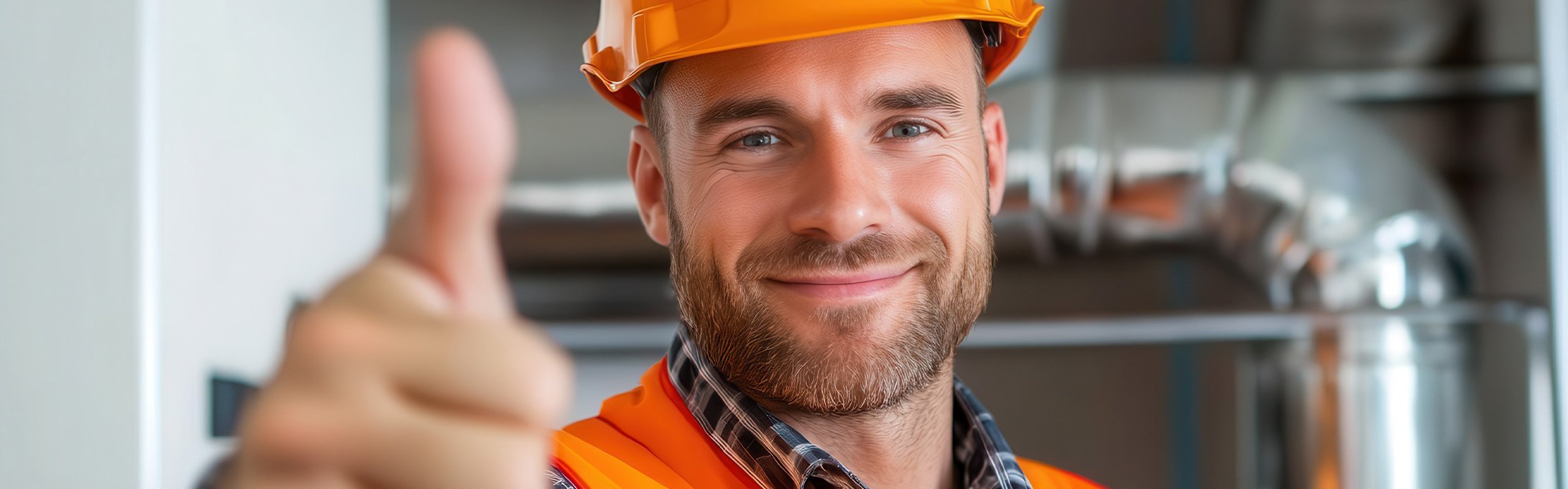 Ein Arbeiter mit Schutzhelm und Leuchtweste zeigt einen Daumen hoch