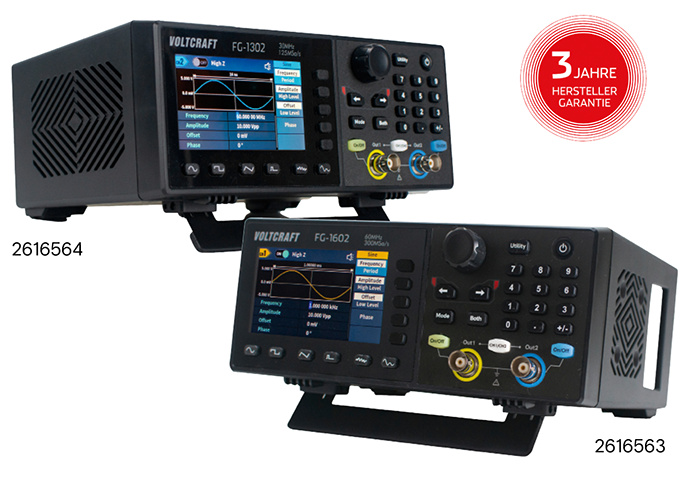 Zwei Voltcraft Funktionsgeneratoren FG-1302 und FG-1602 mit Display und Bedienelementen, inklusive 3 Jahre Herstellergarantie.
