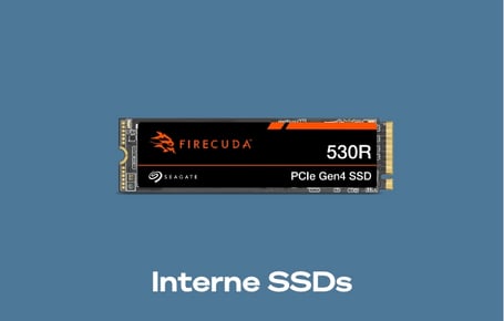  Ein schieferblauer Kasten zeigt eine schwarze interne SSD mit einem orangefarbenen und weißen FireCuda-Logo, dem Seagate-Logo, der Aufschrift "530R" und "PCIe Gen4 SSD", darunter steht in weißer Schrift "Interne SSDs".