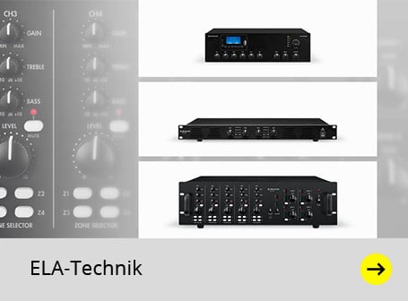 Das Bild zeigt links einen Ausschnitt eines grauen Audiomischpults mit Drehreglern und Anzeigen, während rechts drei übereinander angeordnete Produktbilder verschiedener schwarzer Audiogeräte vor weißem Hintergrund zu sehen sind, unterhalb dessen ein grauer Balken mit der schwarzen Aufschrift "ELA-Technik" und einem gelben Pfeil nach rechts liegt.