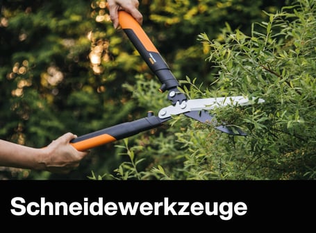 Eine Person schneidet mit einer Fiskars-Heckenschere mit orangefarbenen Griffen die Zweige eines dichten, grünen Strauchs.