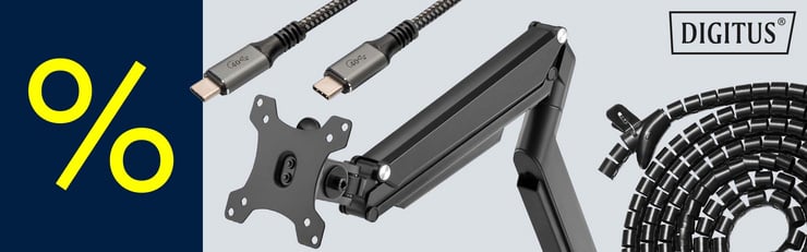Werbebanner mit Prozentzeichen sowie Abbildungen von USB-C-Kabeln, einem Monitorarm, einem Kabelschlauch und dem DIGITUS-Logo.
