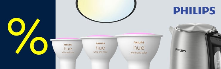 Werbebanner mit einer dunkelblauen Fläche worauf ein großes Prozentzeichen neben fünf Produkten von Philips abgebildet ist