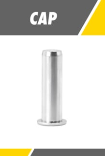 Das Bild zeigt eine einzelne, silberne CAP-Blindnietmutter, die senkrecht ausgerichtet ist, mit dem Wort "CAP" im oberen Bereich.