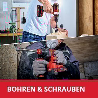  Das Bild ist in zwei Abschnitte unterteilt: Im oberen Teil bohrt eine Person mit einem Akkuschrauber in ein Holzstück, während im unteren Teil eine Person mit Handschuhen und Schutzbrille einen Bohrhammer benutzt, mit dem roten Schriftzug "BOHREN & SCHRAUBEN" am unteren Bildrand.